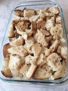 Photo of bread in baking dish. 