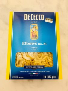Photo of a box of authentic Italian Elbow pasta.