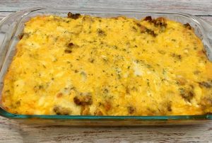 Photo of sausage and egg breakfast casserole.