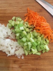 Chopped onions, celery, and carrots. 
