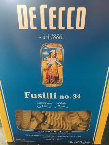 Box of De Cecco Fusilli Pasta.