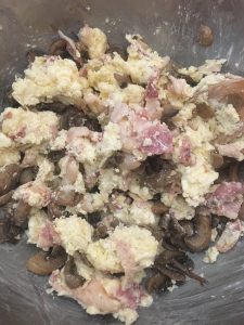 Mushrooms, bacon, and cheese mixture for stuffing. 