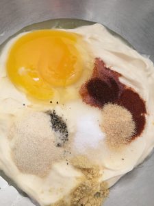 Mayo, egg and spices.