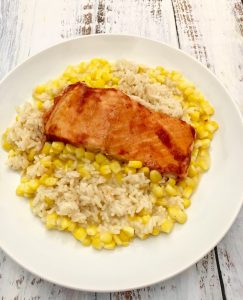 BBQ Salmon with Rice and Corn. 