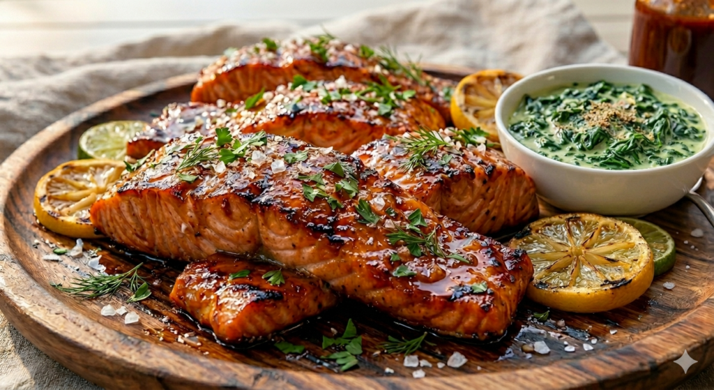 Trey of Baked BBQ Salmon with a side of Creamed Spinach. 