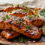 Trey of Baked BBQ Salmon with a side of Creamed Spinach.