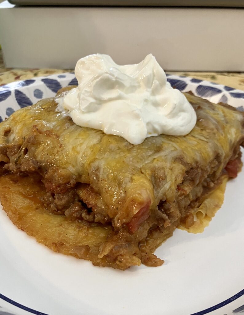 Easy Ground Beef Taco Casserole with Sour Cream.
