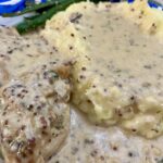 Chicken Dijon with mashed potatoes and haricot verts.