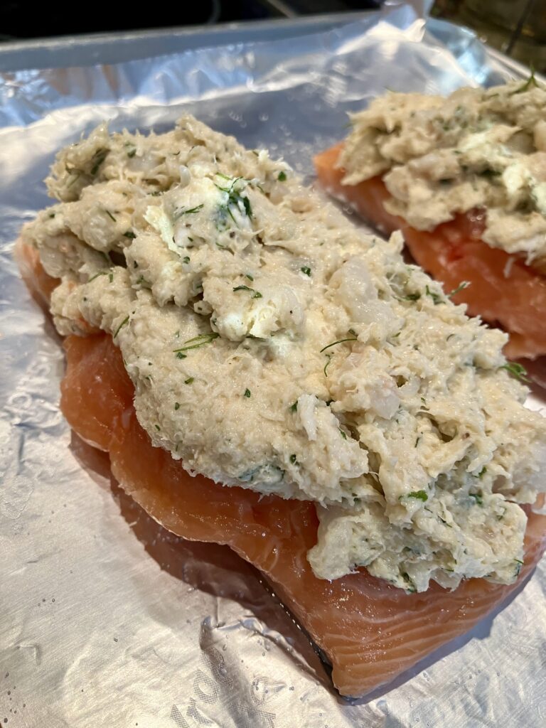 Stuffed salmon filet before baking. 