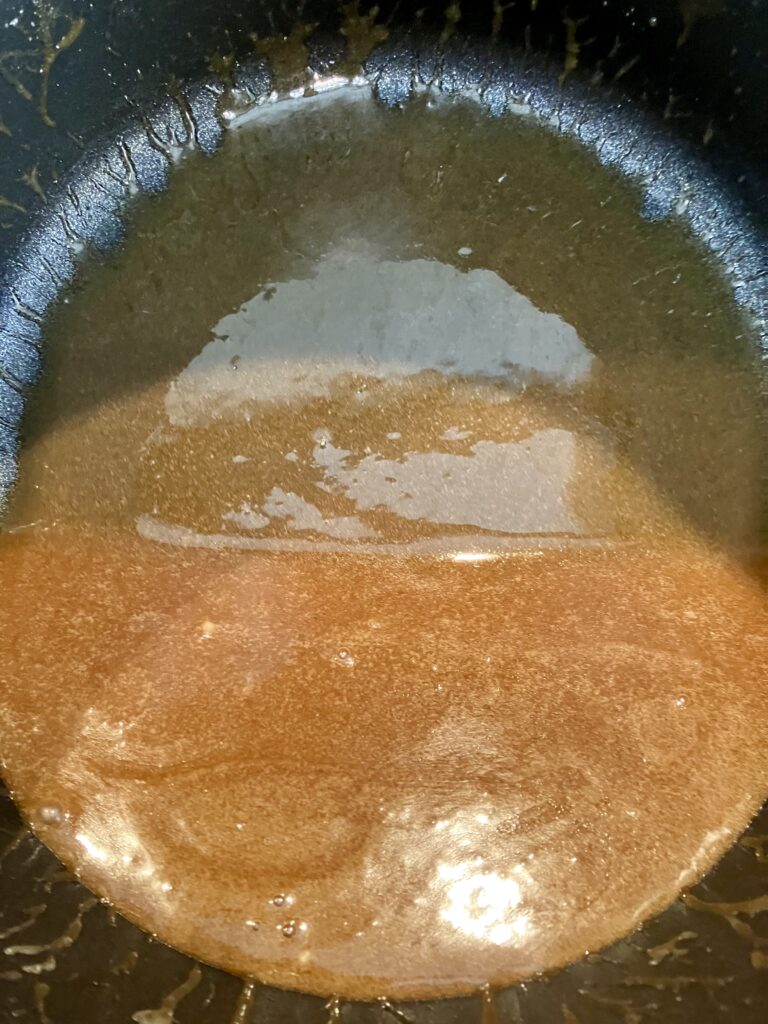 Caramel sauce made from brown sugar, corn syrup, butter, corn starch, vanilla extract, and a pinch of salt. 