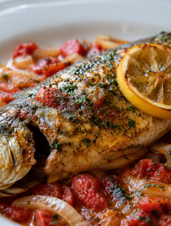 A Serving of Authentic Greek Trout Plaki (Psari Plaki) on a plate.