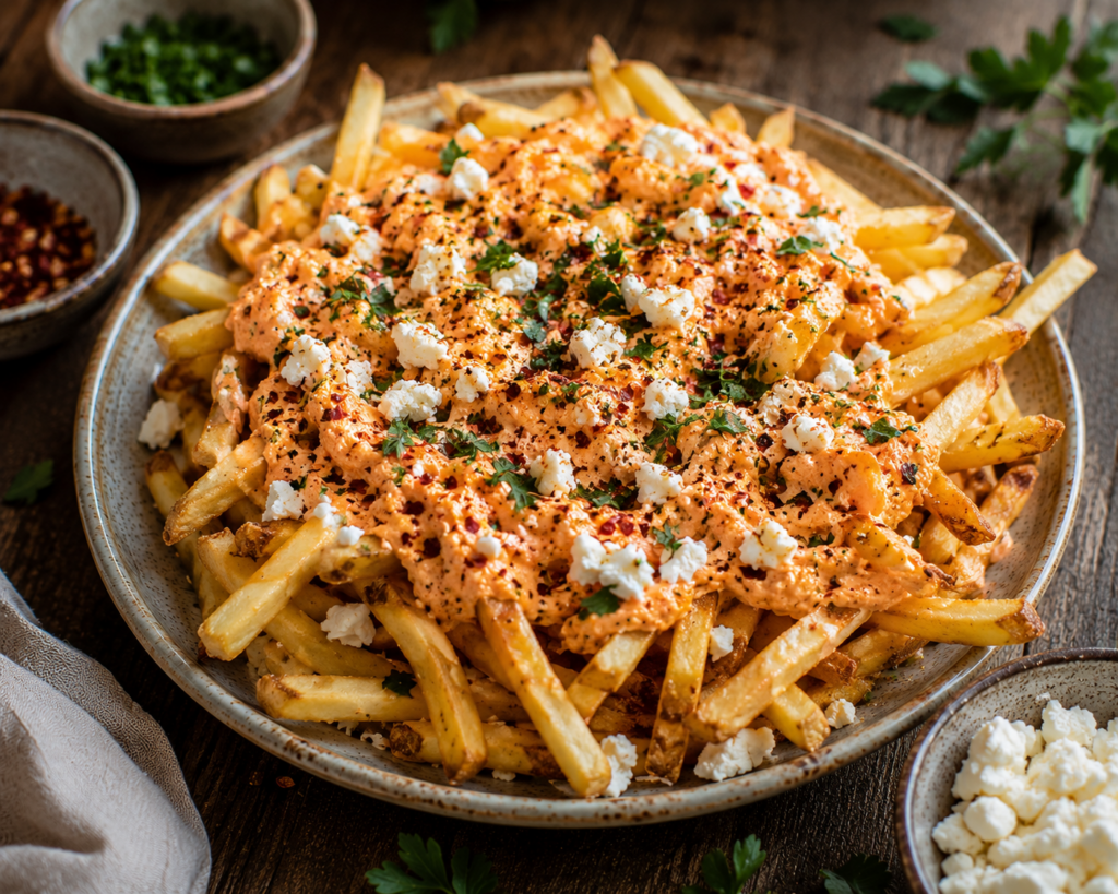 Spicy Feta Fries with Tirokafteri Dip on top.