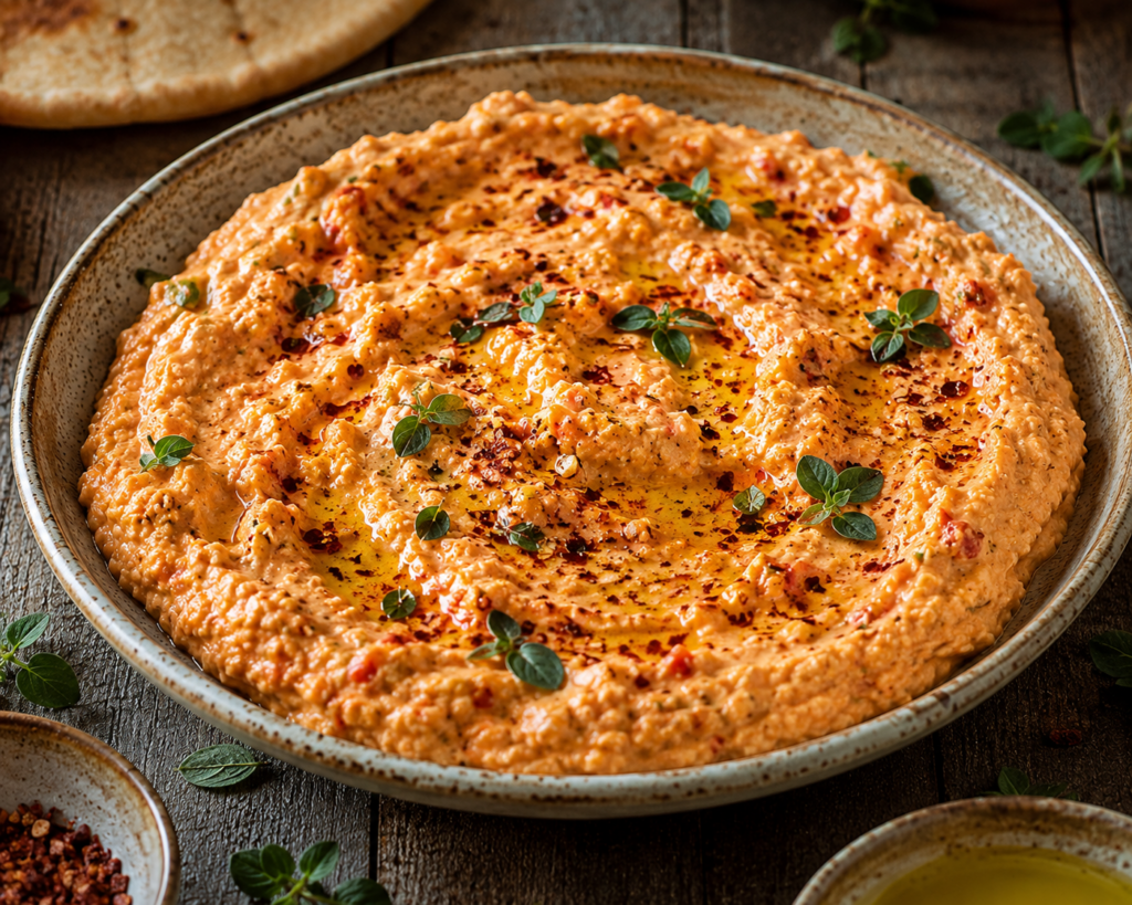 A bowl of Tirokafteri (Greek Spicy Feta Dip).