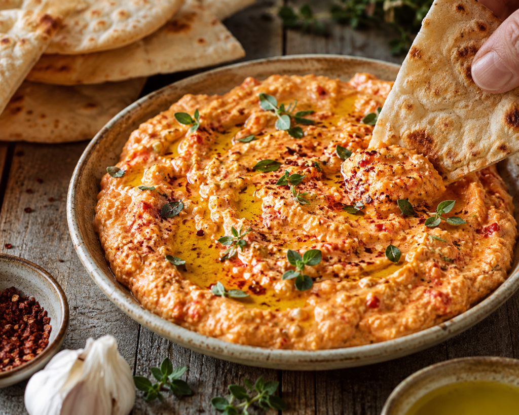 A bowl of Tirokafteri (Greek Spicy Feta Dip) served with pita bread.