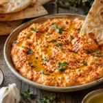 A bowl of Tirokafteri (Greek Spicy Feta Dip) served with pita bread.
