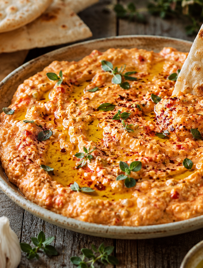 A bowl of Tirokafteri (Greek Spicy Feta Dip) served with pita bread.